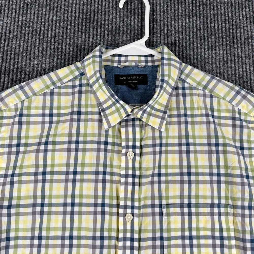 Banana‎ Republic Shirt Mens Large White Plaid Short Sleeve Slim Fit Button Up